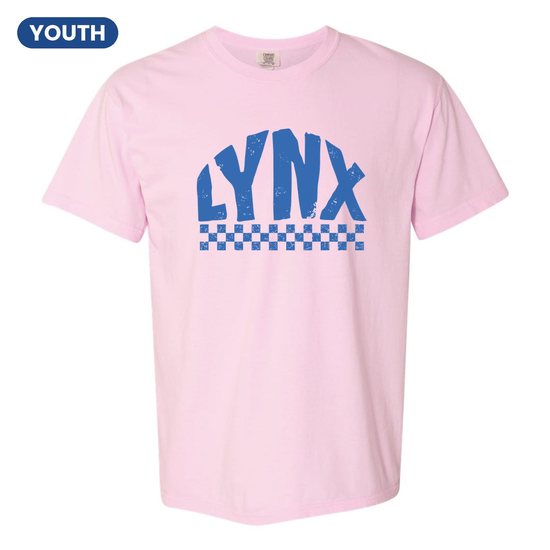 Oley Valley Lynx Checkered youth comfort colors t-shirt in Blossom: distressed LYNX lettering over a checkerboard band