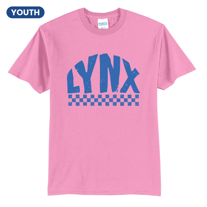 Oley Valley Lynx Checkered youth t-shirt in Candy Pink: distressed LYNX lettering over a checkerboard band