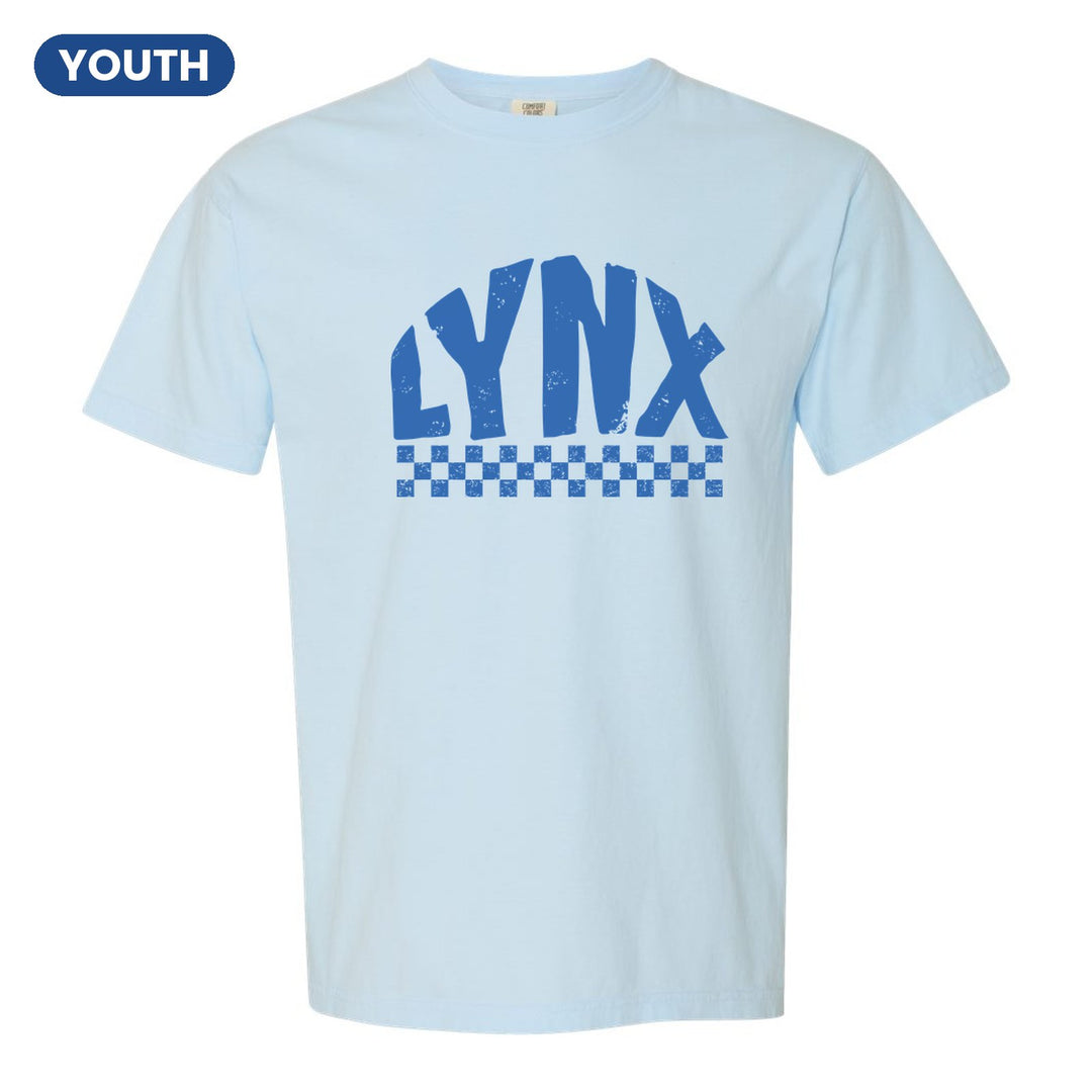Oley Valley Lynx Checkered youth comfort colors t-shirt in Chambray: distressed LYNX lettering over a checkerboard band