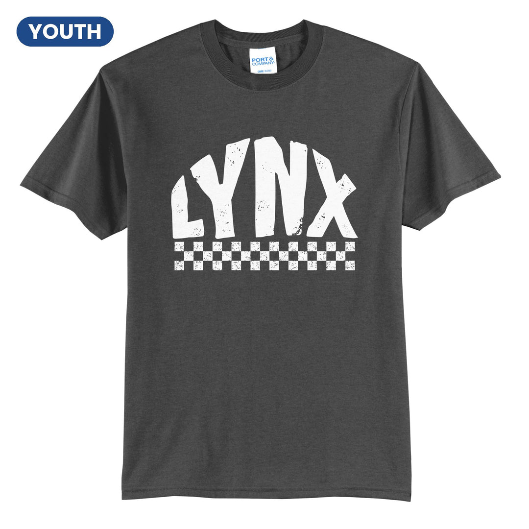 Oley Valley Lynx Checkered youth t-shirt in Charcoal: distressed LYNX lettering over a checkerboard band