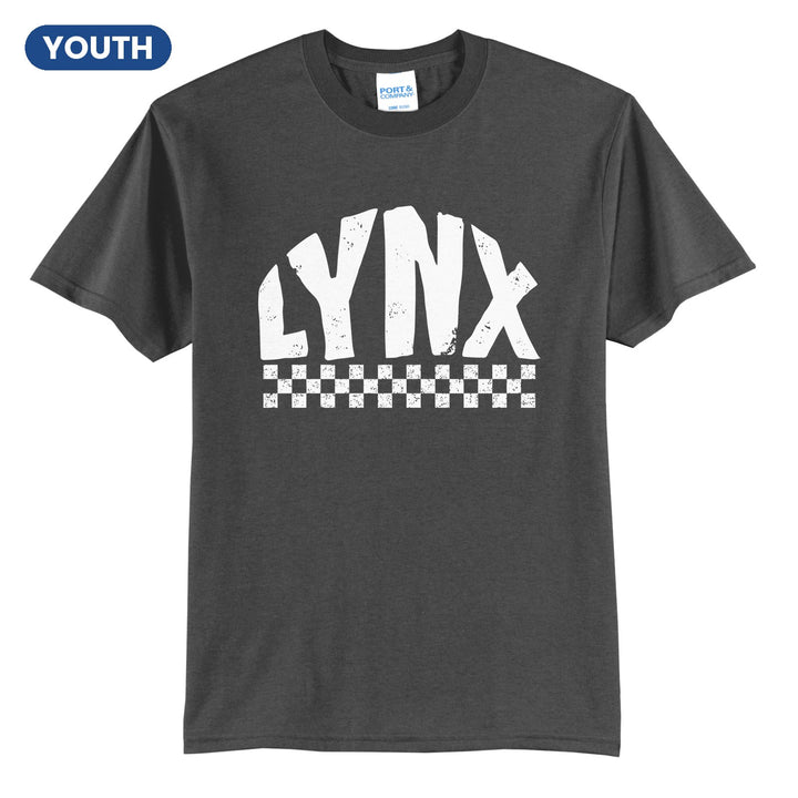 Oley Valley Lynx Checkered youth t-shirt in Charcoal: distressed LYNX lettering over a checkerboard band