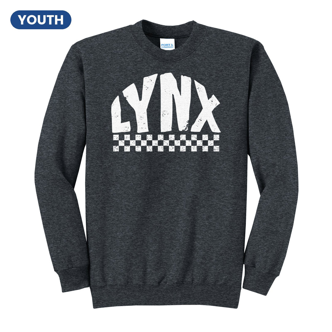 Oley Valley Lynx Checkered youth crewneck sweatshirt in Dark Heather Grey: distressed LYNX lettering over a checkerboard band