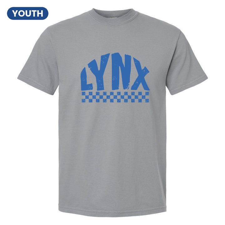 Oley Valley Lynx Checkered youth comfort colors t-shirt in Granite: distressed LYNX lettering over a checkerboard band