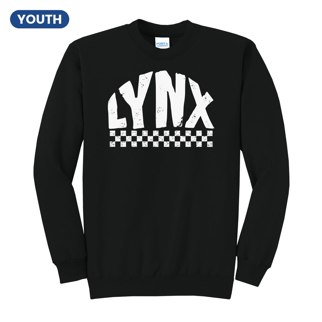 Oley Valley Lynx Checkered youth crewneck sweatshirt in Jet Black: distressed LYNX lettering over a checkerboard band