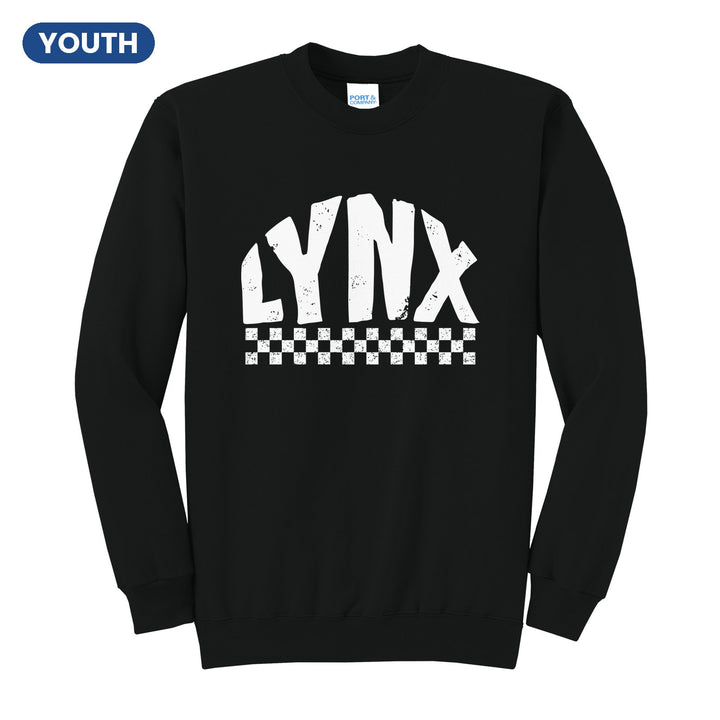 Oley Valley Lynx Checkered youth crewneck sweatshirt in Jet Black: distressed LYNX lettering over a checkerboard band