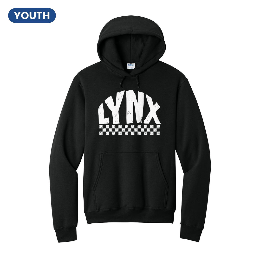Oley Valley Lynx Checkered youth hoodie in Jet Black: distressed LYNX lettering over a checkerboard band