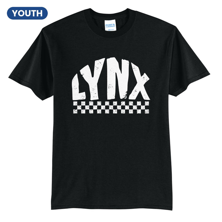 Oley Valley Lynx Checkered youth t-shirt in Jet Black: distressed LYNX lettering over a checkerboard band