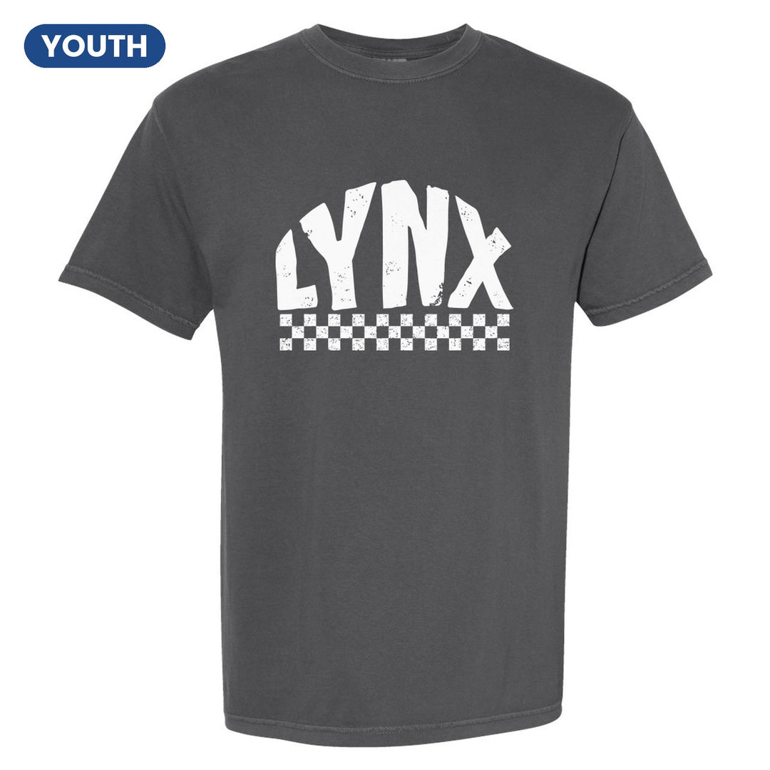 Oley Valley Lynx Checkered youth comfort colors t-shirt in Pepper: distressed LYNX lettering over a checkerboard band