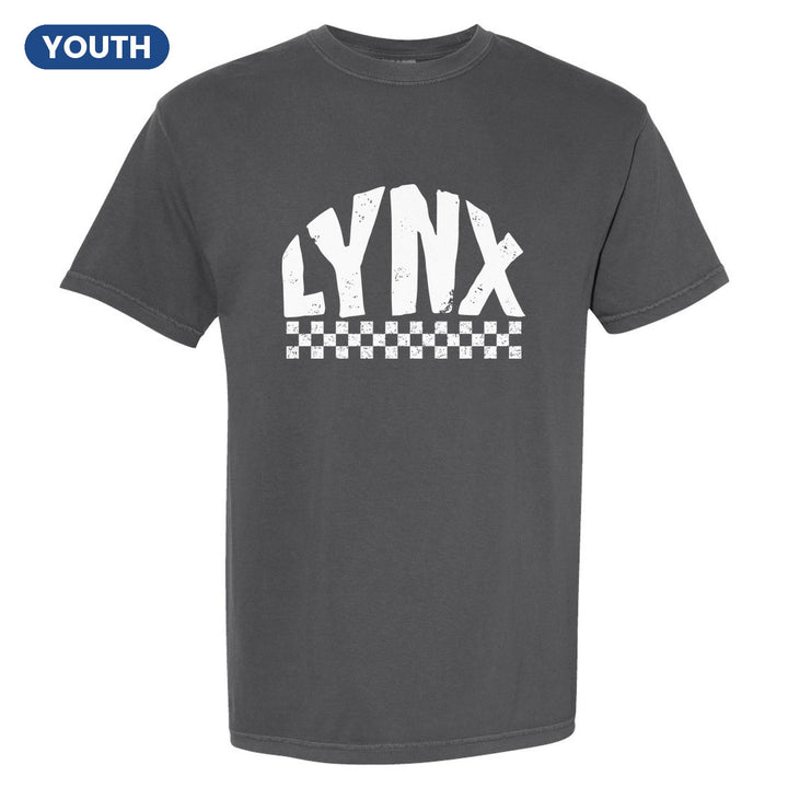 Oley Valley Lynx Checkered youth comfort colors t-shirt in Pepper: distressed LYNX lettering over a checkerboard band