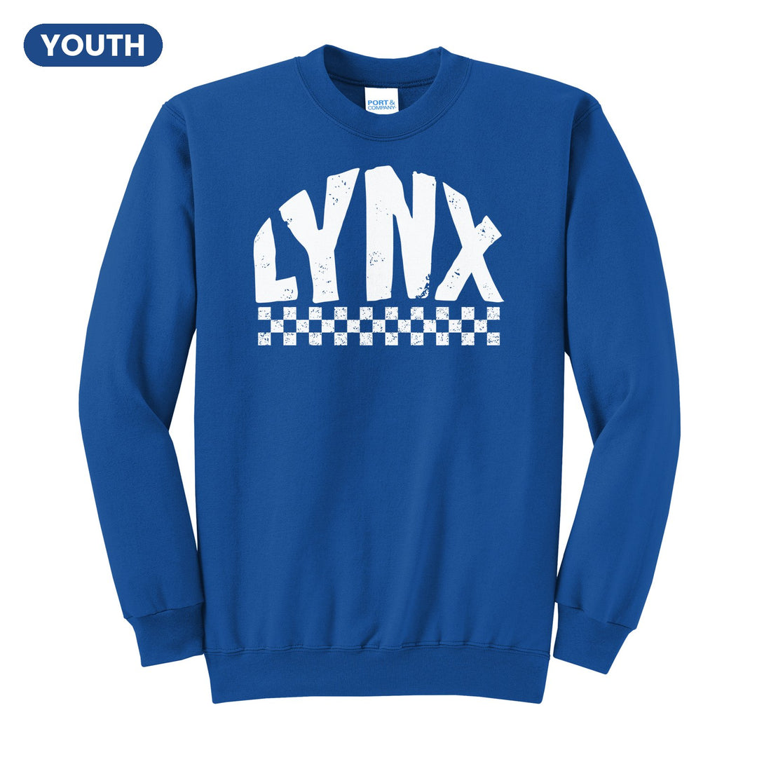 Oley Valley Lynx Checkered youth crewneck sweatshirt in Royal: distressed LYNX lettering over a checkerboard band