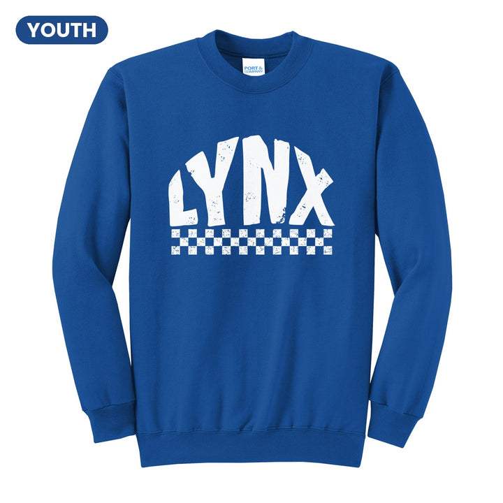 Oley Valley Lynx Checkered youth crewneck sweatshirt in Royal: distressed LYNX lettering over a checkerboard band