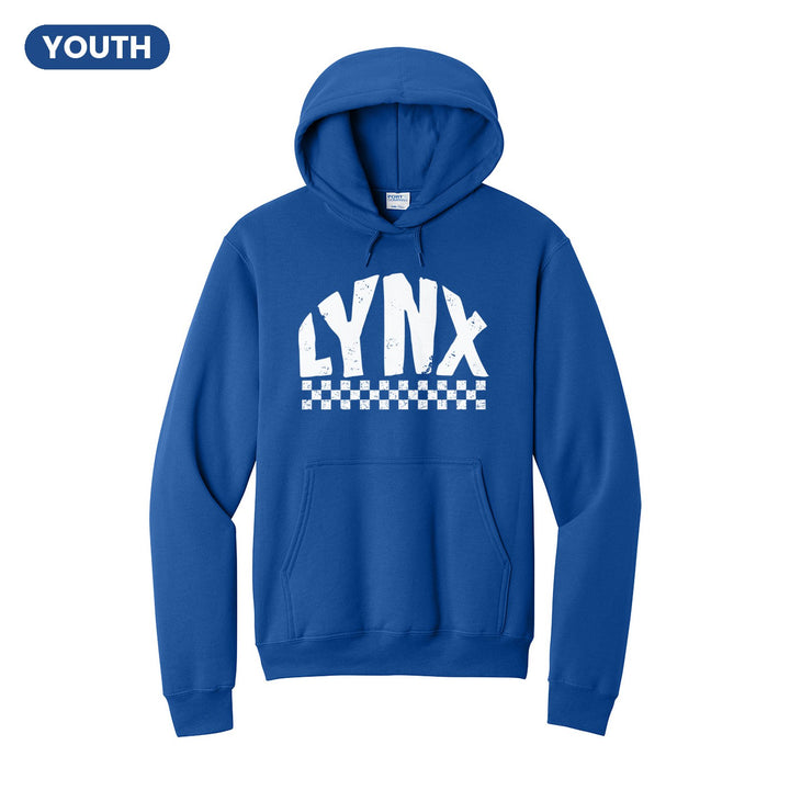 Oley Valley Lynx Checkered youth hoodie in Royal: distressed LYNX lettering over a checkerboard band