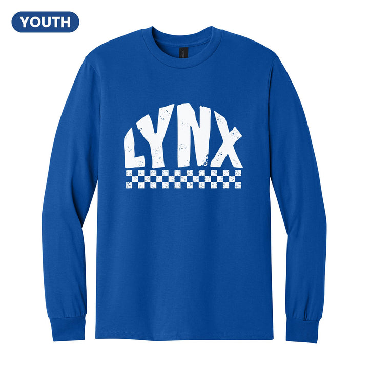Oley Valley Lynx Checkered youth long sleeve t-shirt in Royal: distressed LYNX lettering over a checkerboard band