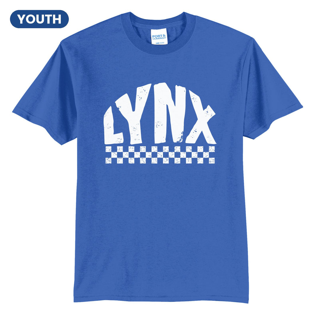 Oley Valley Lynx Checkered youth t-shirt in Royal: distressed LYNX lettering over a checkerboard band