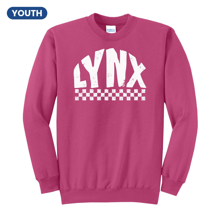 Oley Valley Lynx Checkered youth crewneck sweatshirt in Sangria: distressed LYNX lettering over a checkerboard band