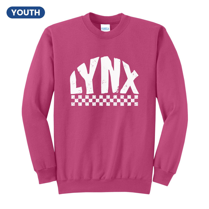 Oley Valley Lynx Checkered youth crewneck sweatshirt in Sangria: distressed LYNX lettering over a checkerboard band