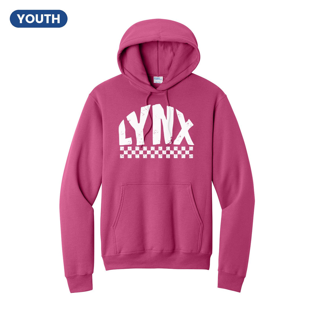 Oley Valley Lynx Checkered youth hoodie in Sangria: distressed LYNX lettering over a checkerboard band