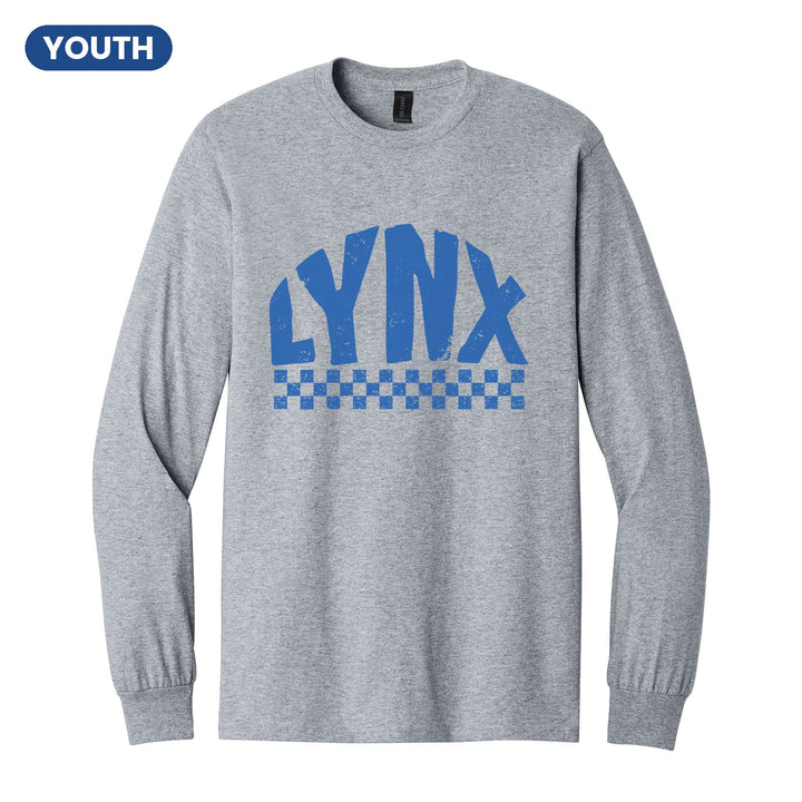 Oley Valley Lynx Checkered youth long sleeve t-shirt in Sport Grey: distressed LYNX lettering over a checkerboard band