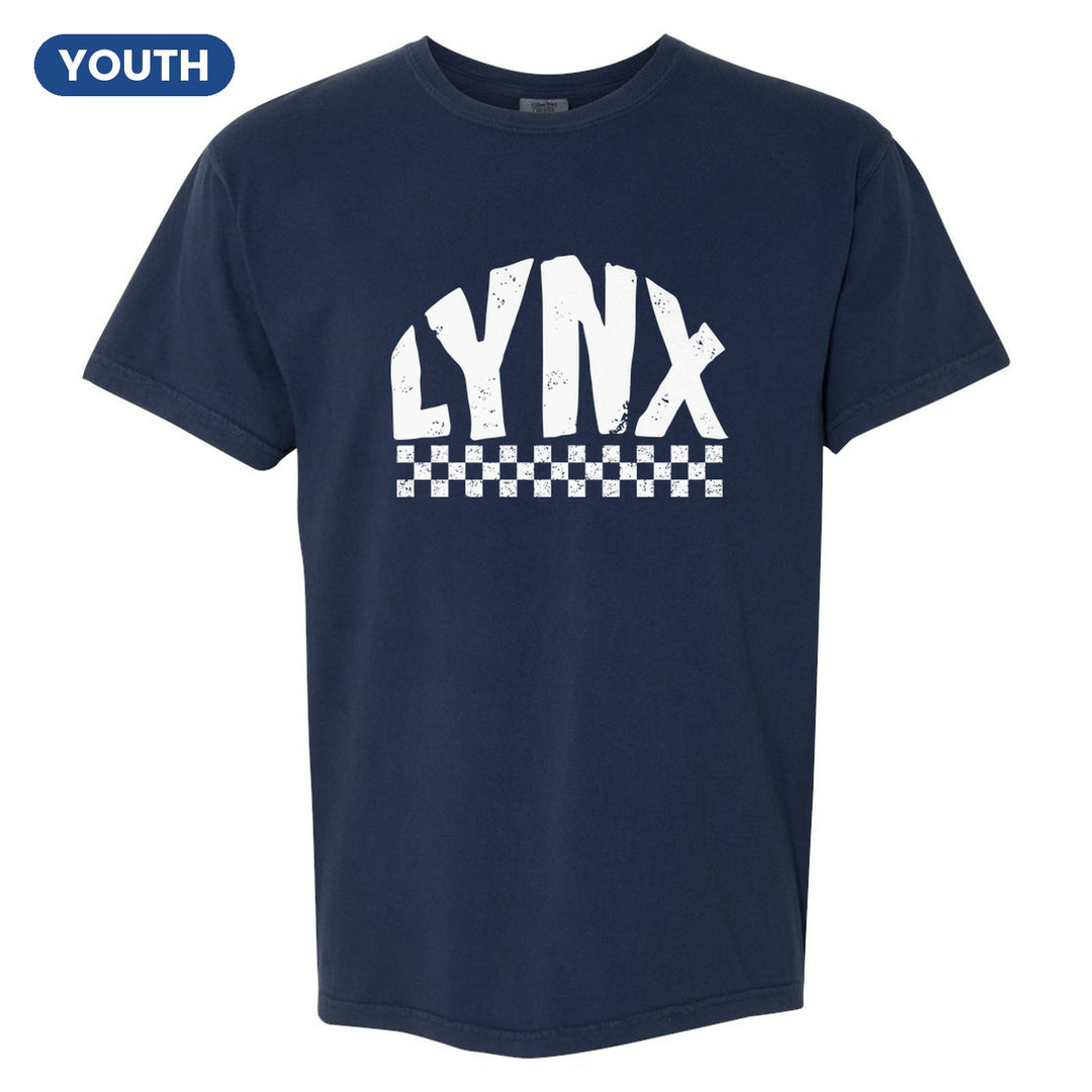 Oley Valley Lynx Checkered youth comfort colors t-shirt in True Navy: distressed LYNX lettering over a checkerboard band