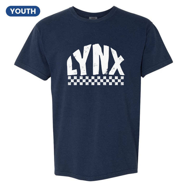 Oley Valley Lynx Checkered youth comfort colors t-shirt in True Navy: distressed LYNX lettering over a checkerboard band