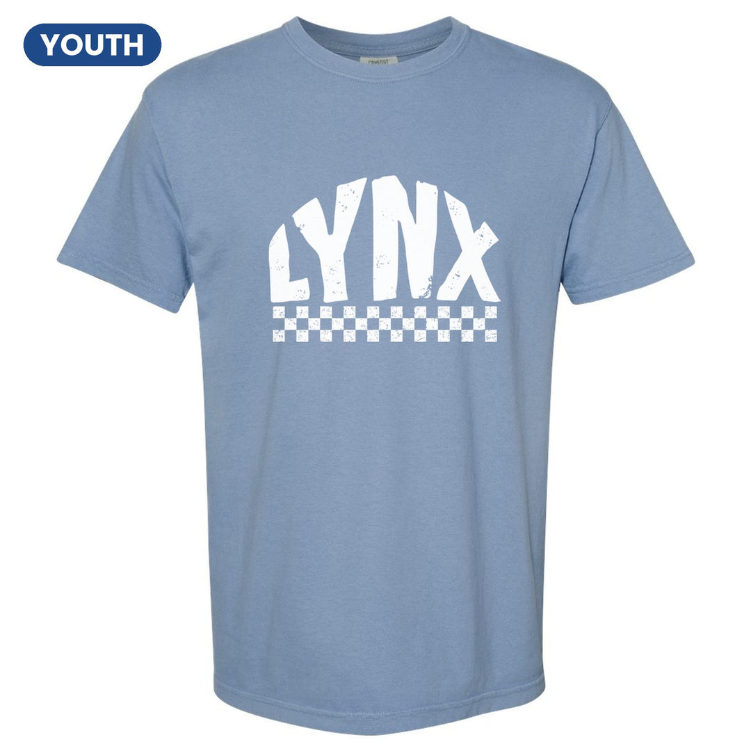 Oley Valley Lynx Checkered youth comfort colors t-shirt in Washed Denim: distressed LYNX lettering over a checkerboard band