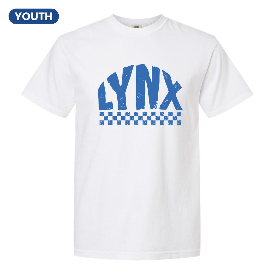 Oley Valley Lynx Checkered youth comfort colors t-shirt in White: distressed LYNX lettering over a checkerboard band