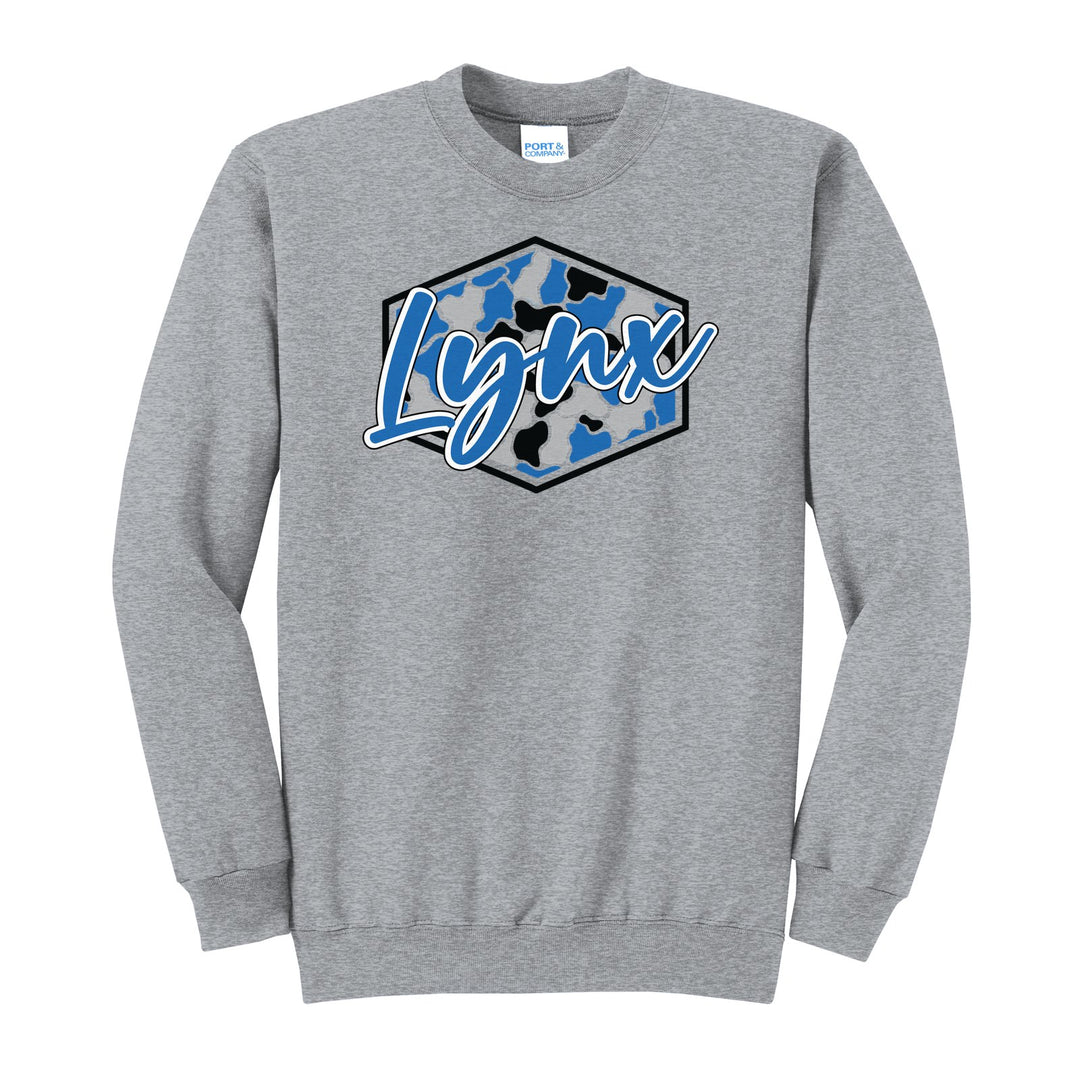 Oley Valley Lynx Camo Script crewneck sweatshirt in Athletic Heather: Lynx in bold script over a blue, grey and black camo hexagon