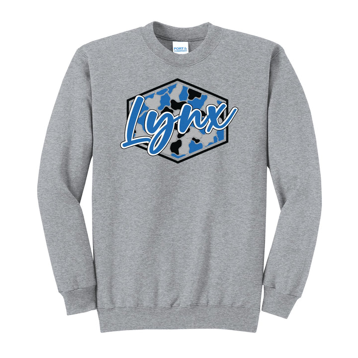 Oley Valley Lynx Camo Script crewneck sweatshirt in Athletic Heather: Lynx in bold script over a blue, grey and black camo hexagon