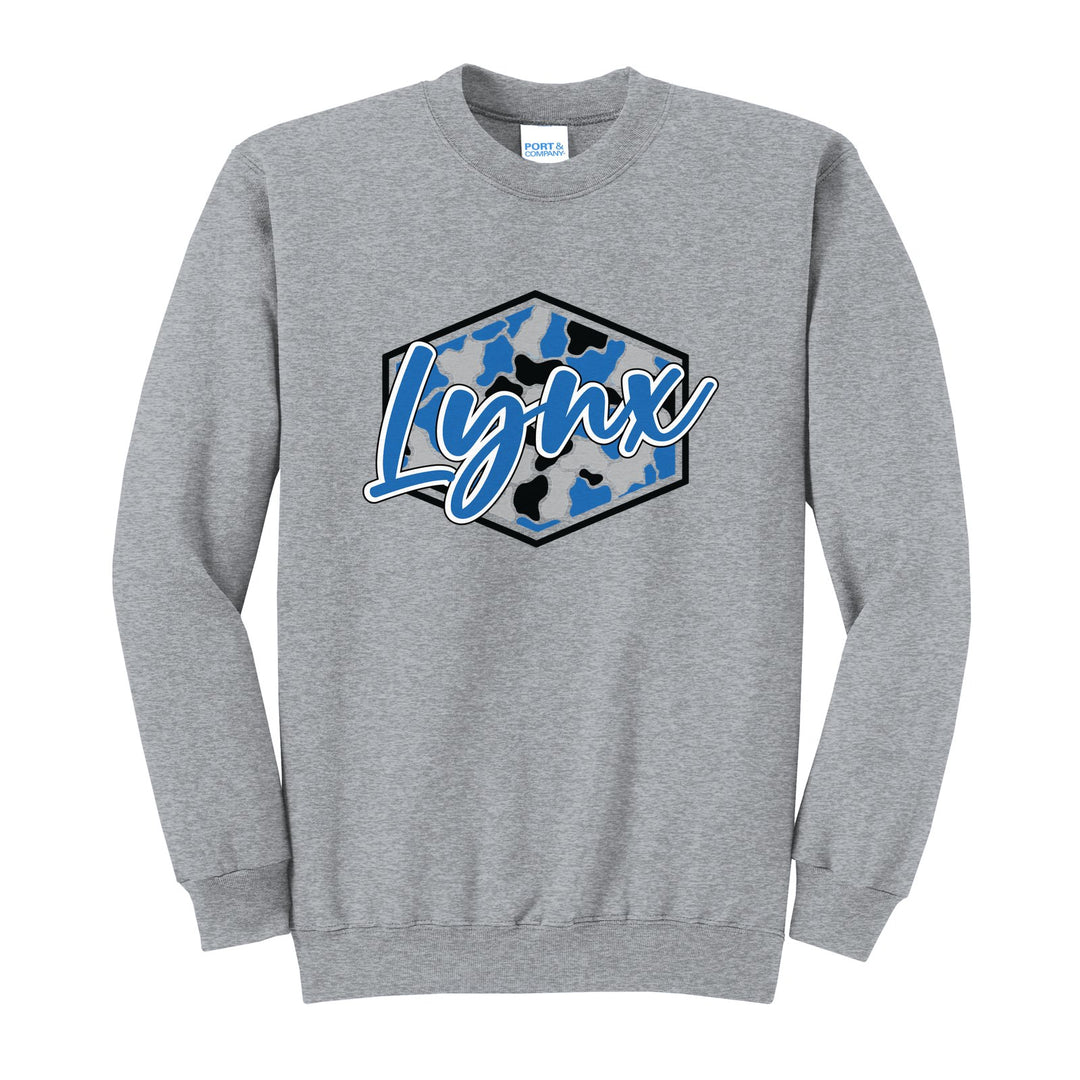 Oley Valley Lynx Camo Script crewneck sweatshirt in Athletic Heather: Lynx in bold script over a blue, grey and black camo hexagon