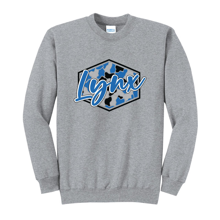 Oley Valley Lynx Camo Script crewneck sweatshirt in Athletic Heather: Lynx in bold script over a blue, grey and black camo hexagon