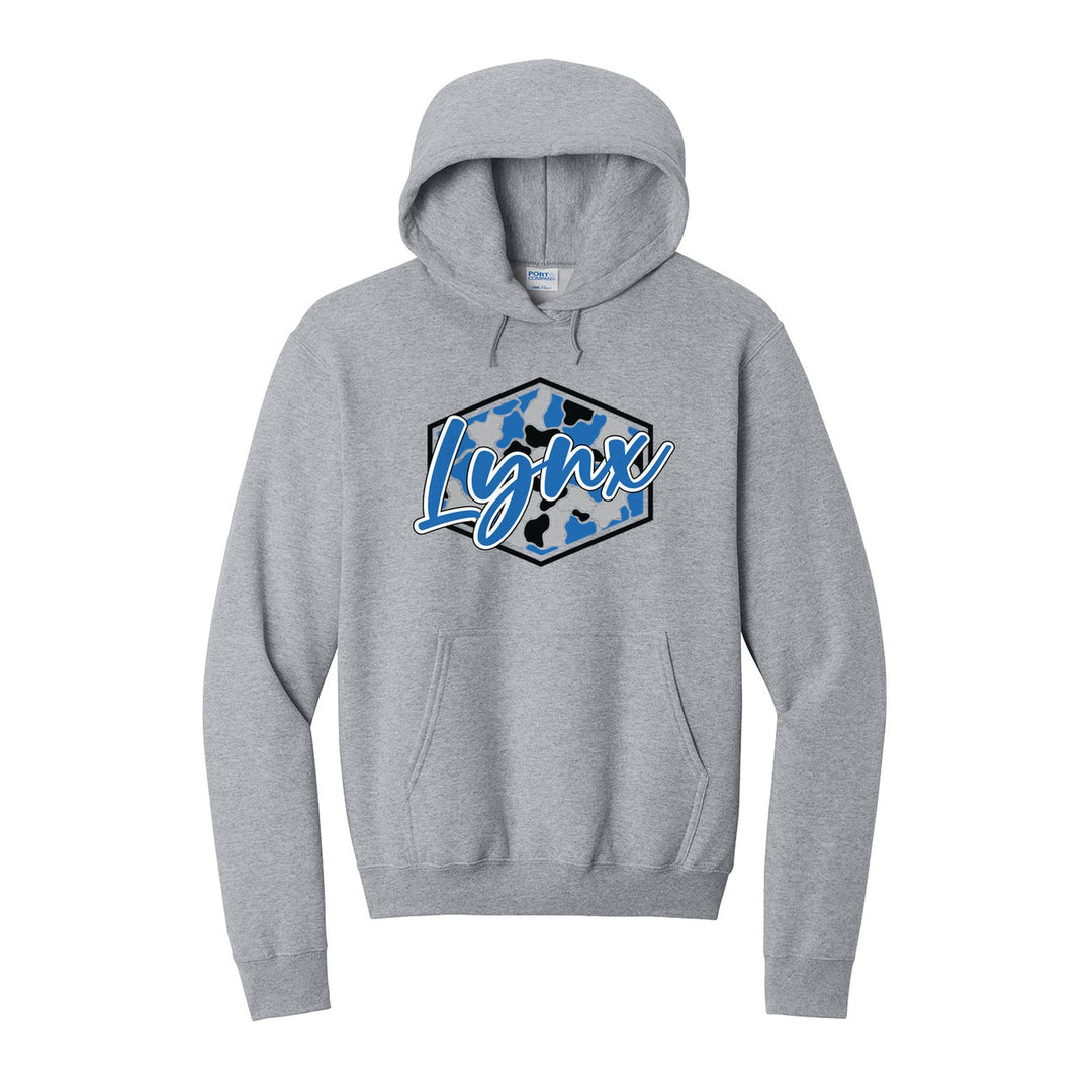 Oley Valley Lynx Camo Script hoodie in Athletic Heather: Lynx in bold script over a blue, grey and black camo hexagon