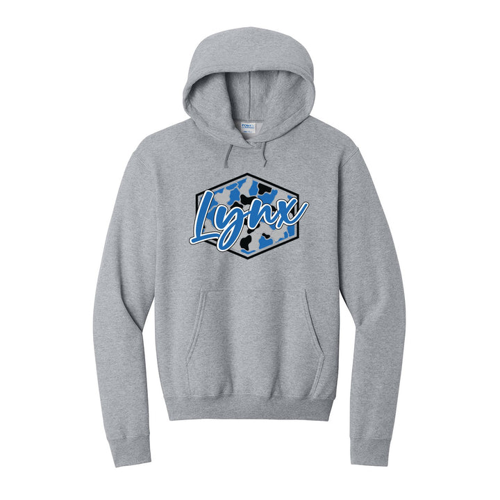 Oley Valley Lynx Camo Script hoodie in Athletic Heather: Lynx in bold script over a blue, grey and black camo hexagon