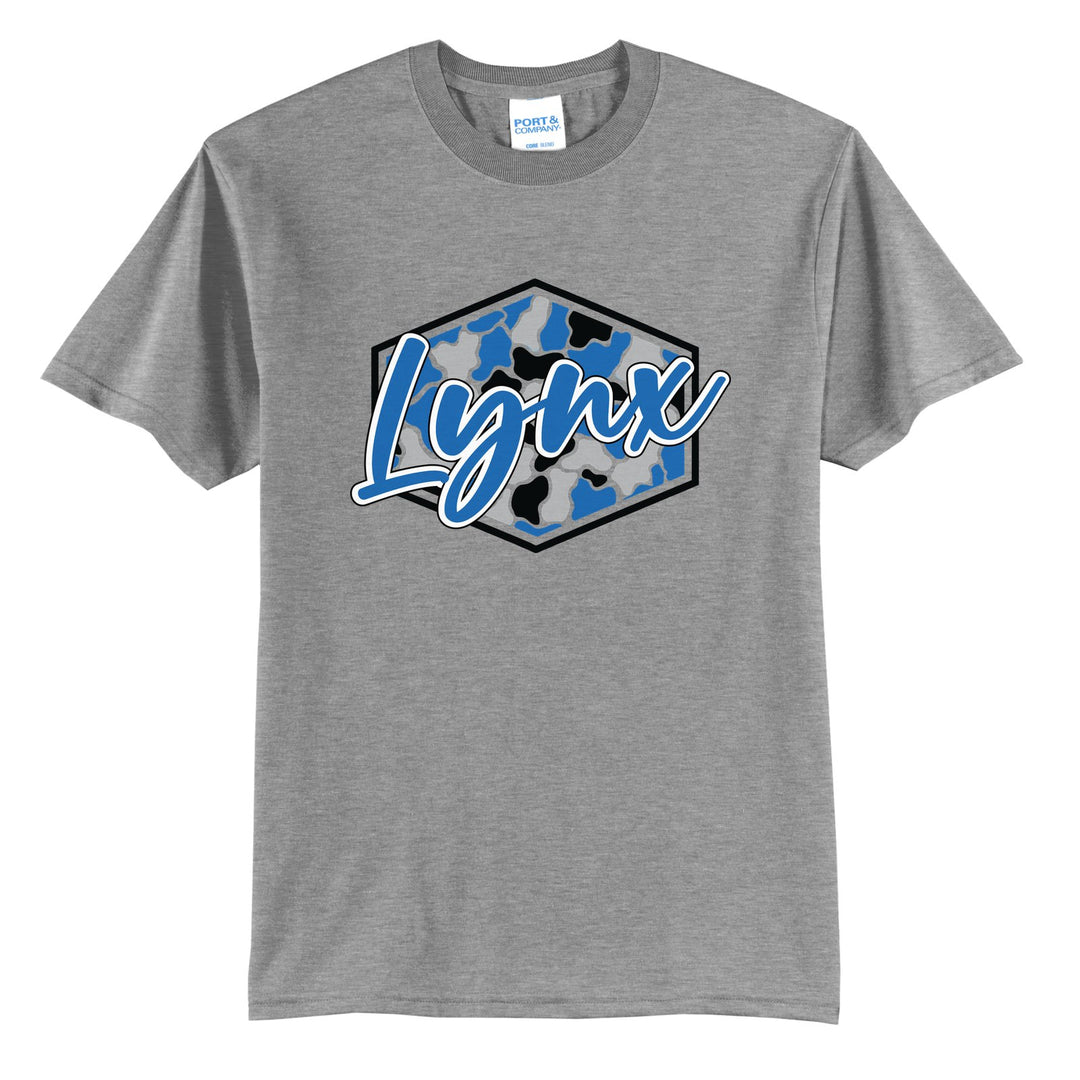 Oley Valley Lynx Camo Script t-shirt in Athletic Heather: Lynx in bold script over a blue, grey and black camo hexagon
