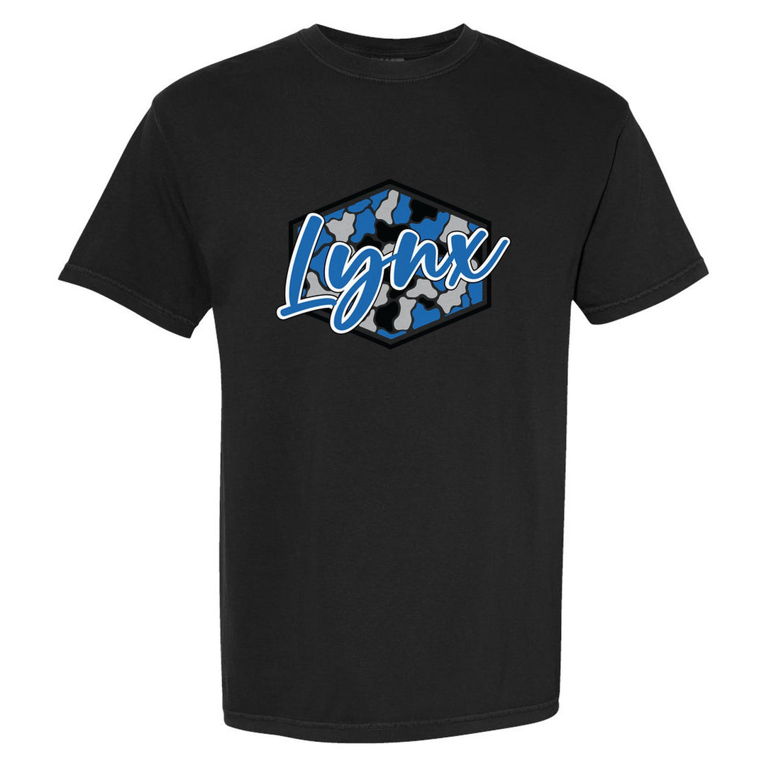 Oley Valley Lynx Camo Script comfort colors t-shirt in Black: Lynx in bold script over a blue, grey and black camo hexagon