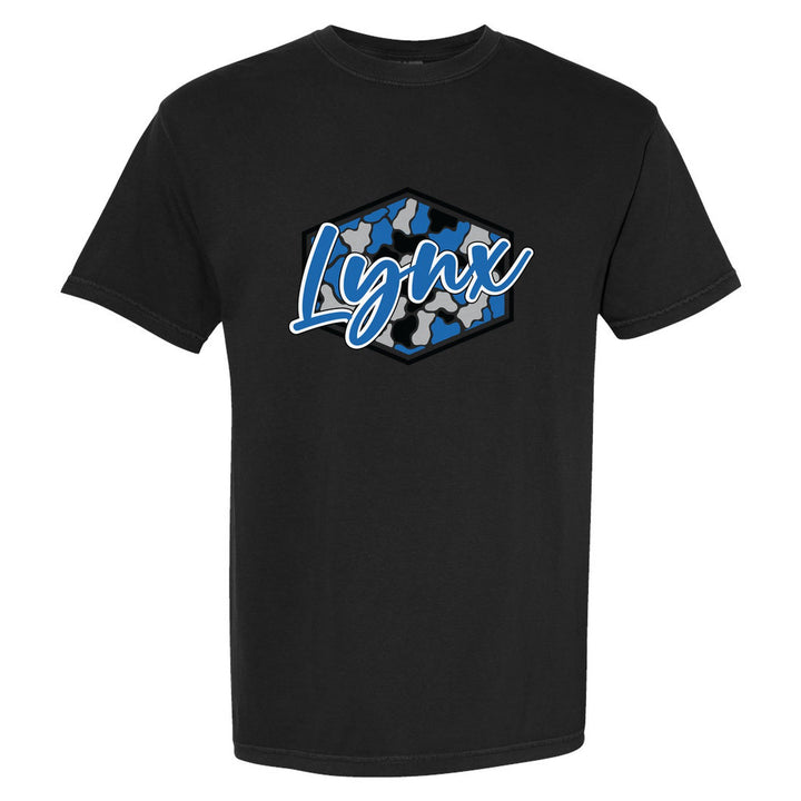 Oley Valley Lynx Camo Script comfort colors t-shirt in Black: Lynx in bold script over a blue, grey and black camo hexagon