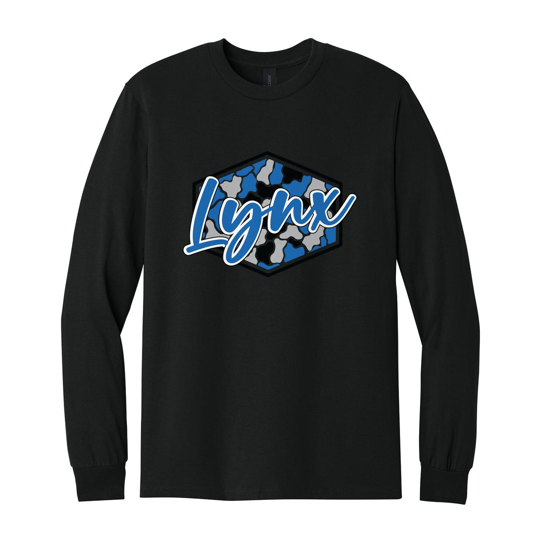 Oley Valley Lynx Camo Script long sleeve t-shirt in Black: Lynx in bold script over a blue, grey and black camo hexagon