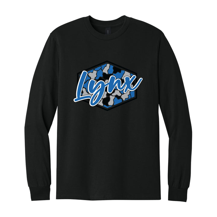 Oley Valley Lynx Camo Script long sleeve t-shirt in Black: Lynx in bold script over a blue, grey and black camo hexagon
