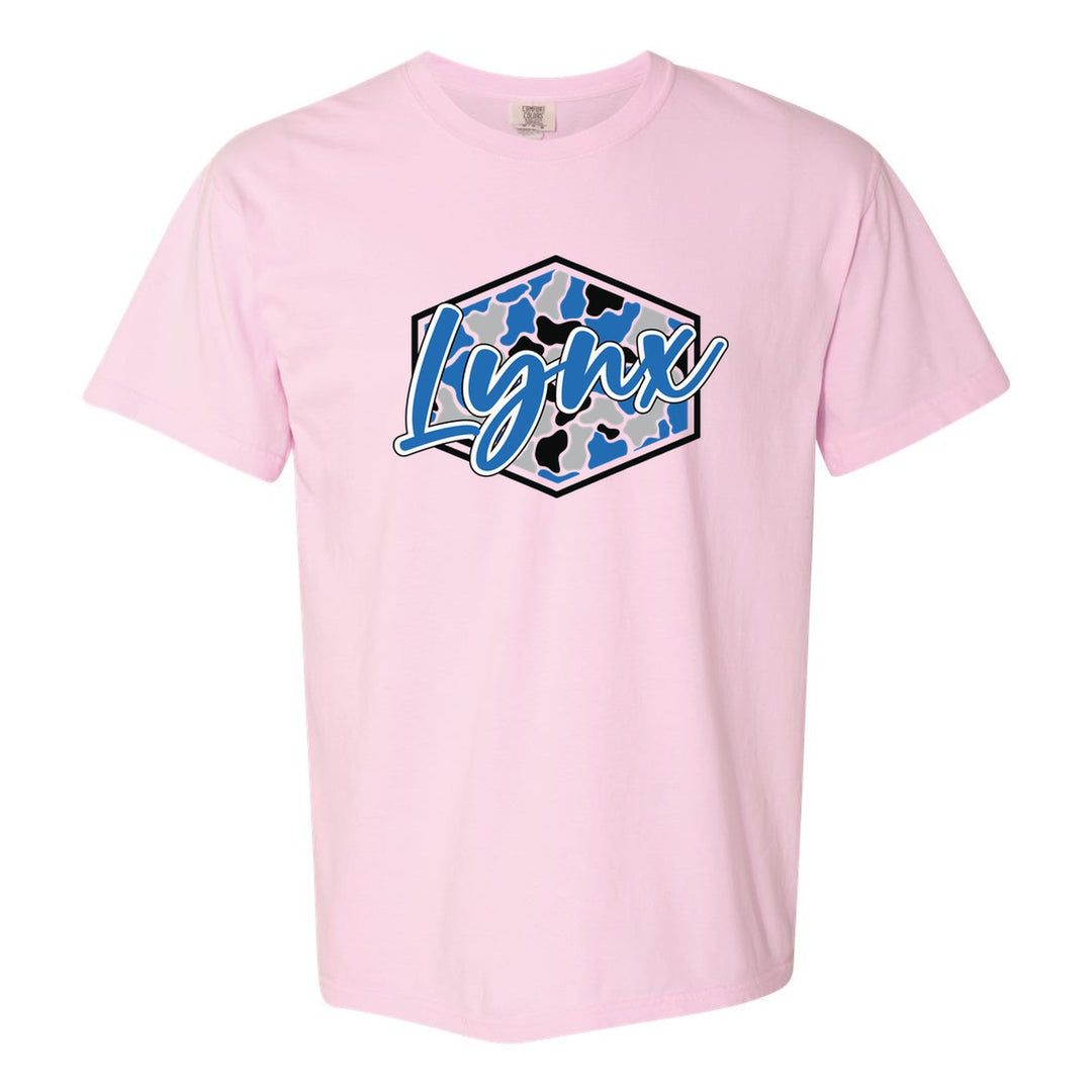 Oley Valley Lynx Camo Script comfort colors t-shirt in Blossom: Lynx in bold script over a blue, grey and black camo hexagon