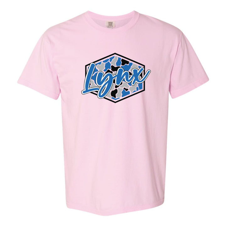 Oley Valley Lynx Camo Script comfort colors t-shirt in Blossom: Lynx in bold script over a blue, grey and black camo hexagon