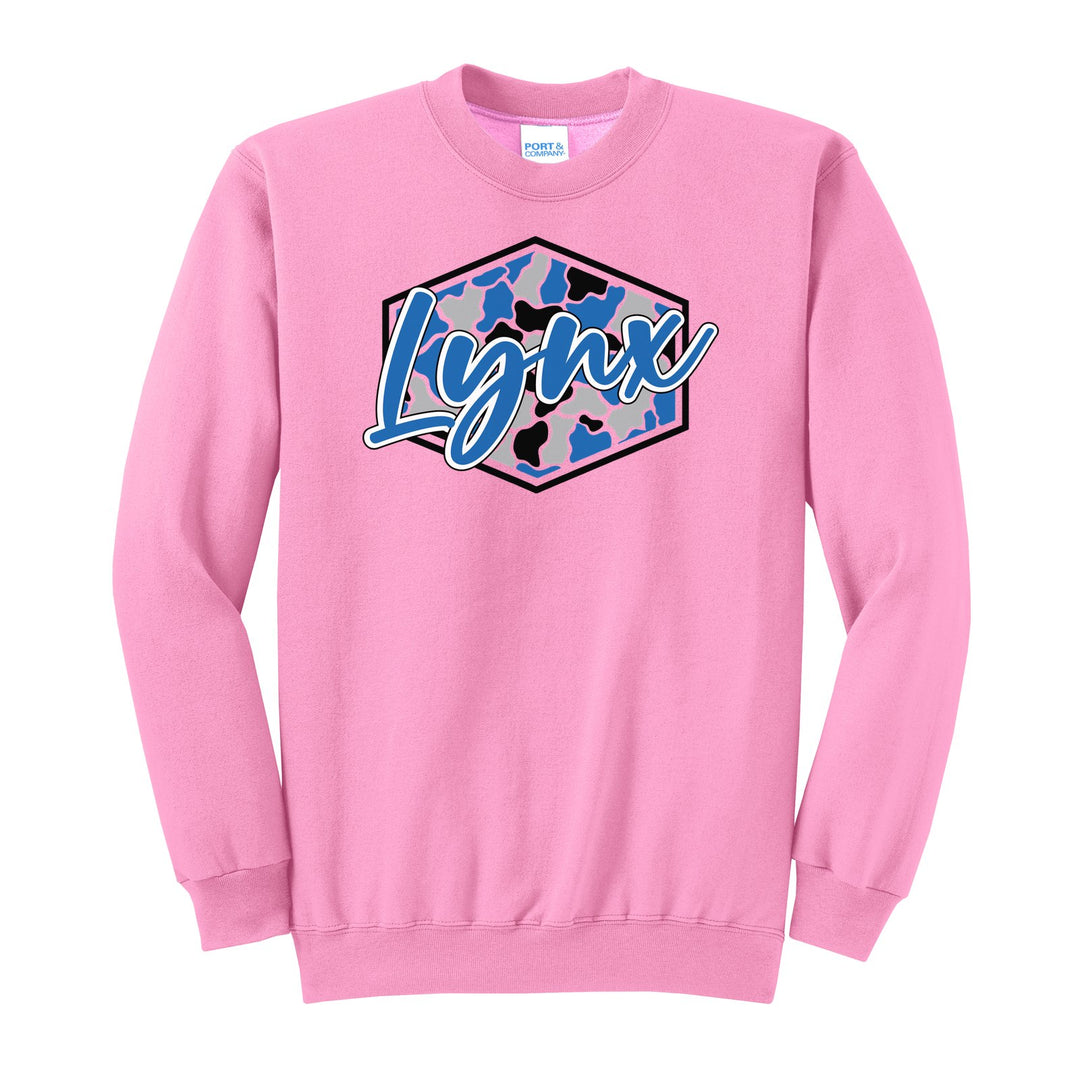 Oley Valley Lynx Camo Script crewneck sweatshirt in Candy Pink: Lynx in bold script over a blue, grey and black camo hexagon
