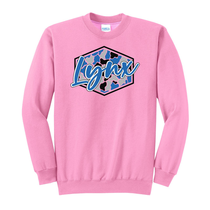 Oley Valley Lynx Camo Script crewneck sweatshirt in Candy Pink: Lynx in bold script over a blue, grey and black camo hexagon