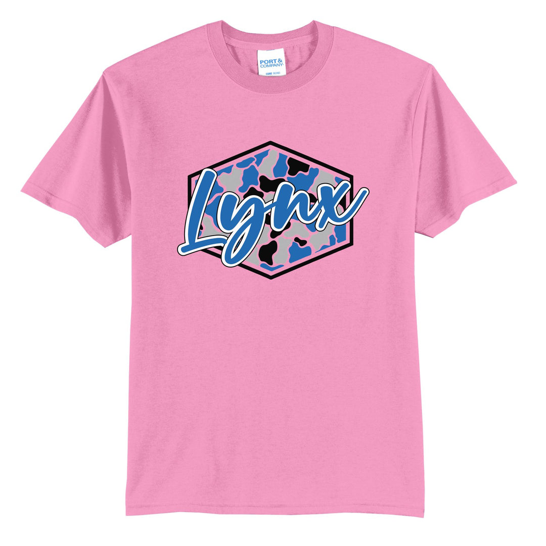 Oley Valley Lynx Camo Script t-shirt in Candy Pink: Lynx in bold script over a blue, grey and black camo hexagon