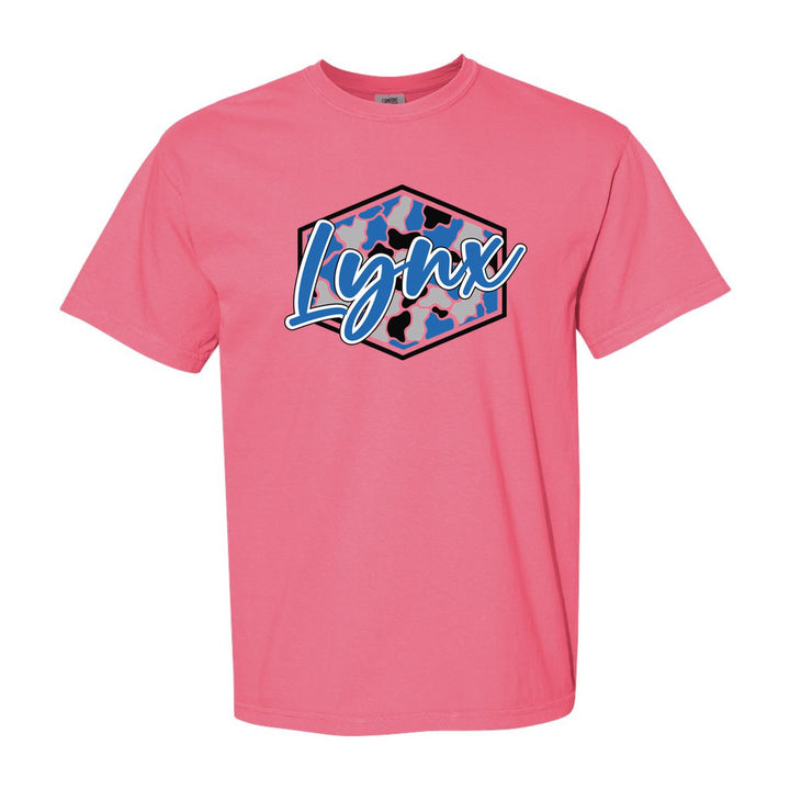 Oley Valley Lynx Camo Script comfort colors t-shirt in Crunchberry: Lynx in bold script over a blue, grey and black camo hexagon