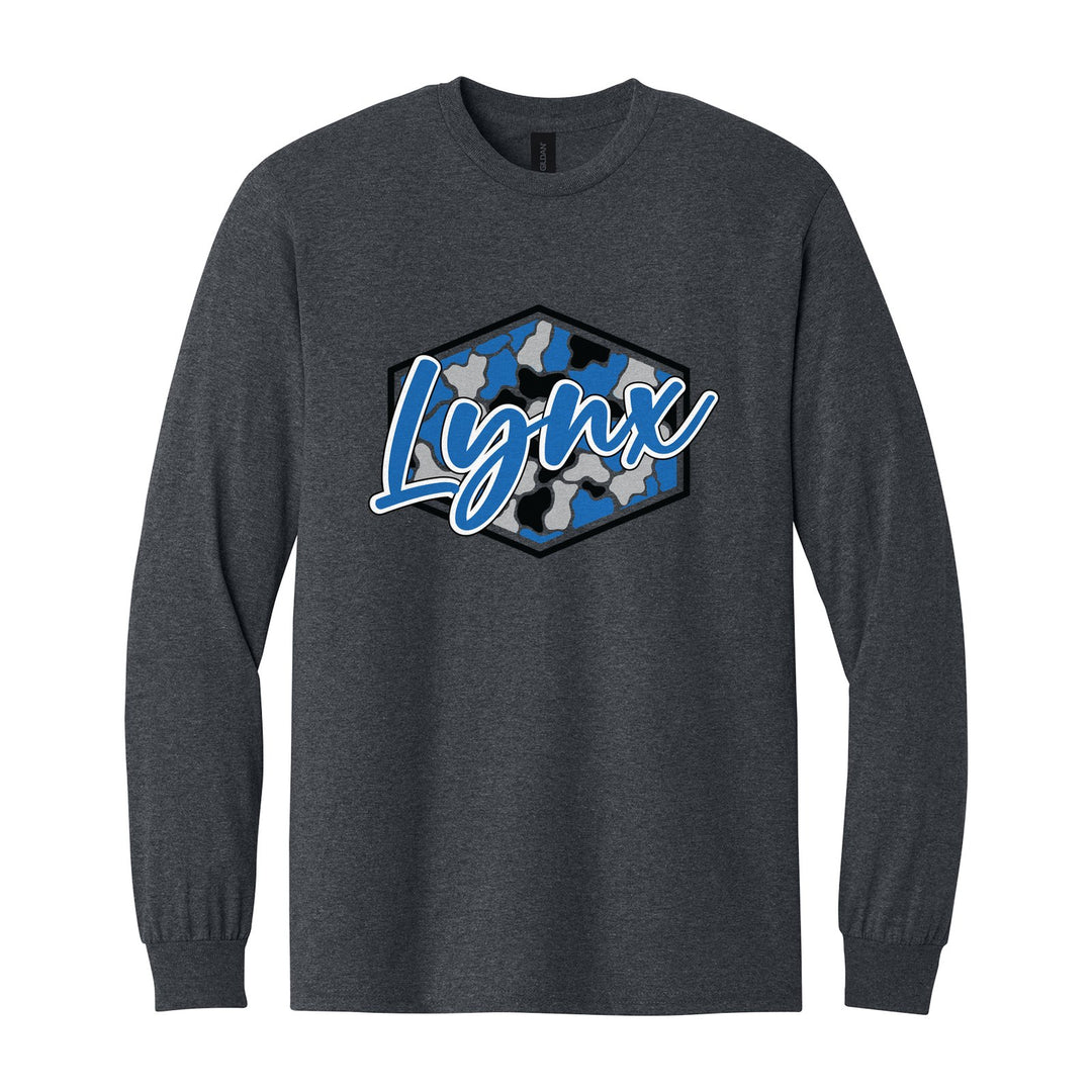 Oley Valley Lynx Camo Script long sleeve t-shirt in Dark Heather: Lynx in bold script over a blue, grey and black camo hexagon