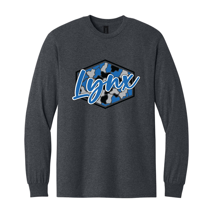 Oley Valley Lynx Camo Script long sleeve t-shirt in Dark Heather: Lynx in bold script over a blue, grey and black camo hexagon