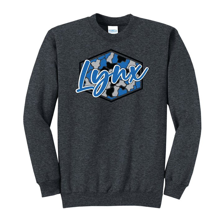 Oley Valley Lynx Camo Script crewneck sweatshirt in Dark Heather Grey: Lynx in bold script over a blue, grey and black camo hexagon