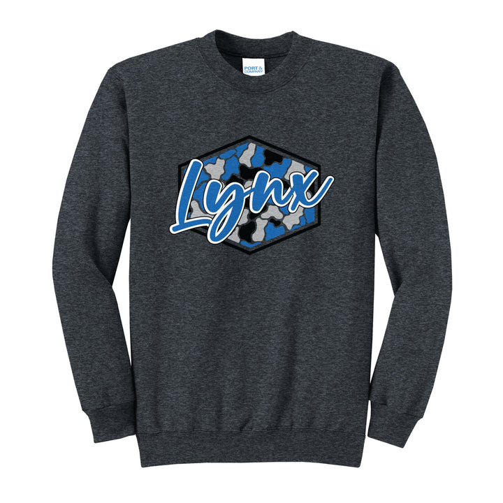 Oley Valley Lynx Camo Script crewneck sweatshirt in Dark Heather Grey: Lynx in bold script over a blue, grey and black camo hexagon