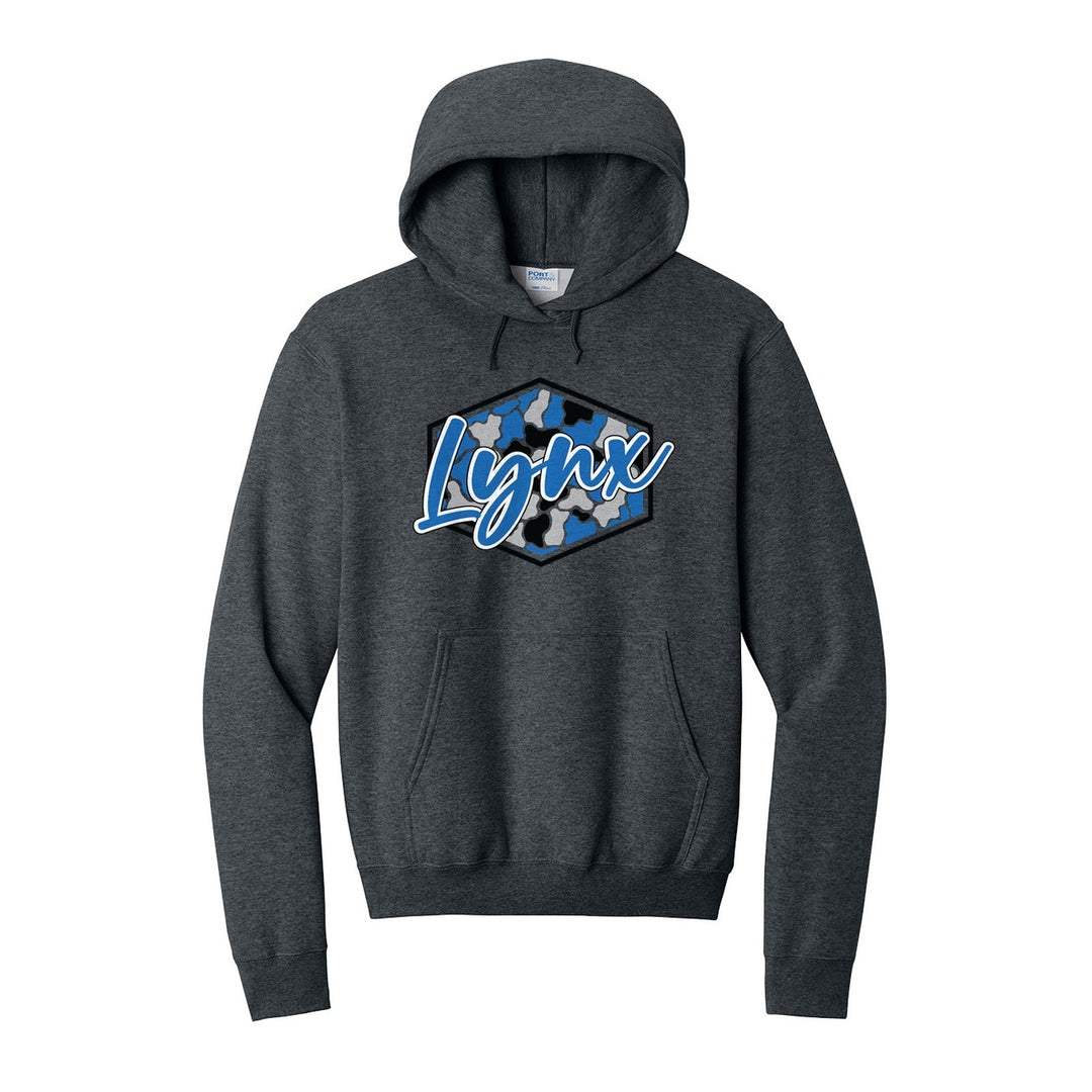 Oley Valley Lynx Camo Script hoodie in Dark Heather Grey: Lynx in bold script over a blue, grey and black camo hexagon