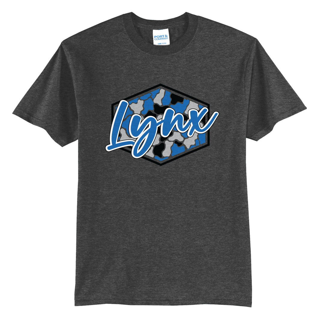 Oley Valley Lynx Camo Script t-shirt in Dark Heather Grey: Lynx in bold script over a blue, grey and black camo hexagon