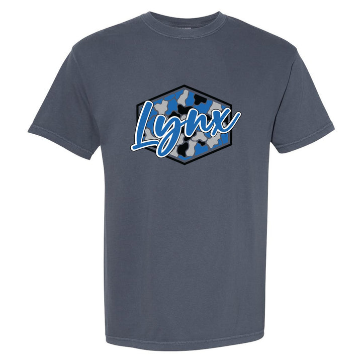 Oley Valley Lynx Camo Script comfort colors t-shirt in Denim: Lynx in bold script over a blue, grey and black camo hexagon